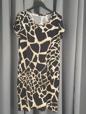 Nina Leonard Brown Cream Giraffe Animal Print Short Sleeve Shift Dress XL